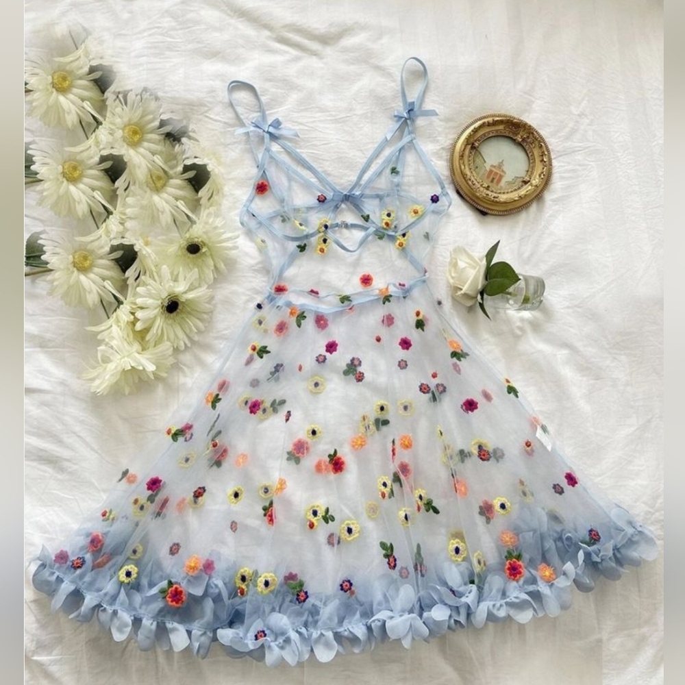 Light Blue Floral Embroidered Girls' Dress